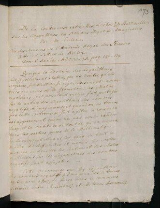 173r-195r, De la controverse entre Mrs. Leibnitz & Bernoulli sur les logarithmes des nombres negatifs et imaginaires