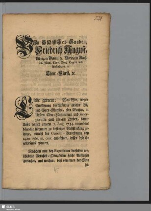 Von Gottes Gnaden, Friedrich August, König in Pohlen, [et]c.