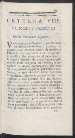 Lettera VIII. La Società Filosofica