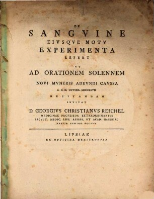 De sanguine eiusque motu experimenta : cum tab. aen.