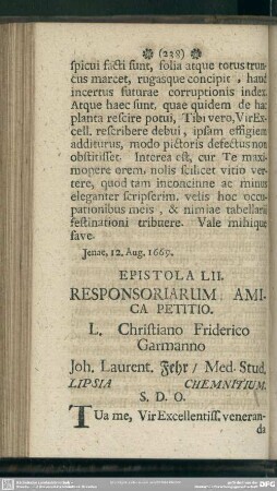 Epistola LII. Responsoriarum Amica Petitio. L. Christiano Friderico Garmanno Joh. Laurent. Fehr, Med. Stud. Lipsia Chemnitium