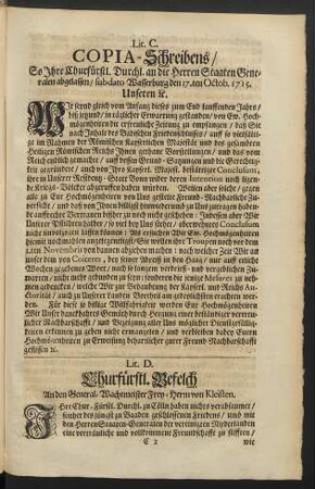 Lit. D. Churfürstl. Befelch. An den General-Wachtmeister Frey-Herrn von Kleisten.