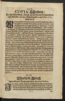Lit. D. Churfürstl. Befelch. An den General-Wachtmeister Frey-Herrn von Kleisten.