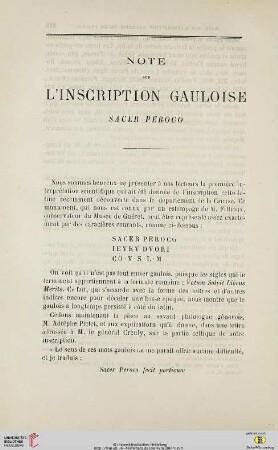 N.S. 13.1866: Note sur l'inscription gauloise "sacer peroco"