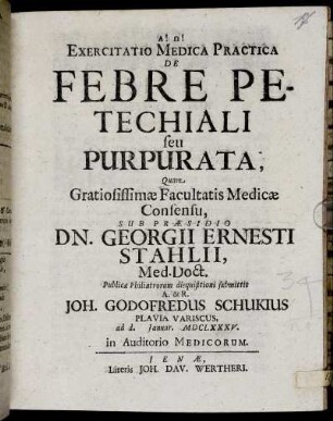 Exercitatio Medica Practica De Febre Petechiali seu Purpurata