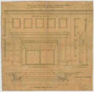 Thiersch, Friedrich von; München; Haus für Handel und Gewerbe - Kamin im Börsensaal (Grundriss, Ansicht, Schnitt)