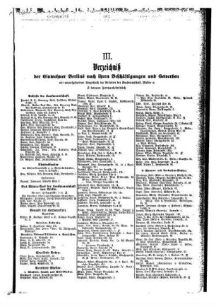 III. Verzeichniß der Einwohner Berlins nach ihren Beschäftigungen und Gewerben