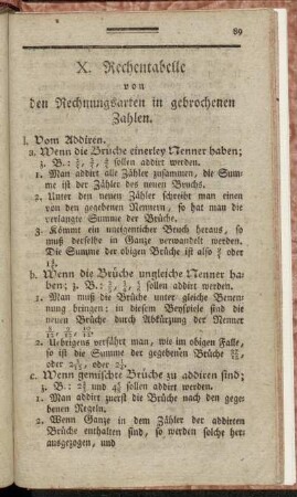 X. Rechentabelle von den Rechnungsarten in gebrochenen Zahlen.