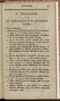 X. Rechentabelle von den Rechnungsarten in gebrochenen Zahlen.
