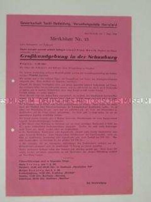 Informationsblatt der Gewerkschaft Textil-Bekleidung zu einem Streik