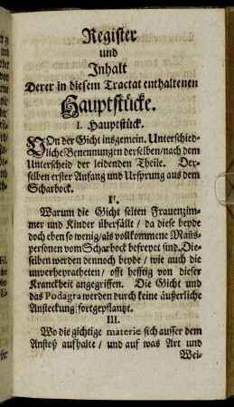 Register und Inhalt Derer in diesem Tractat enthaltenen Hauptstücke.