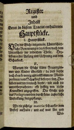 Register und Inhalt Derer in diesem Tractat enthaltenen Hauptstücke.