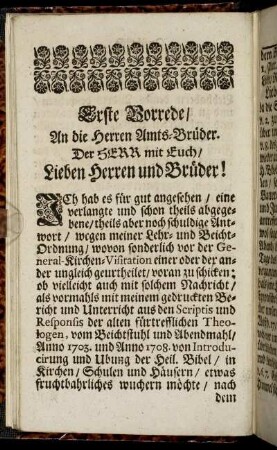 Erste Vorrede/ An die Herren Amts-Brüder. - Die andere Vorrede. ../ Gottseliger Leser!