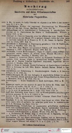 Nachtrag zu den Abtheilungen; Geschichte und deren Hilfswissenschaften und Historische Flugschriften (Nr. 5423 - 5688)
