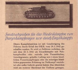 Sonderabzeichen für das Niederkämpfen von Panzerkampfwagen u.s.w. durch Einzelkämpfer