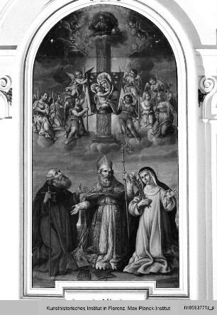 Die Heiligen Antonius Abbate, Gregor der Große und Katharina von Siena in Verehrung eines Madonnenbildes