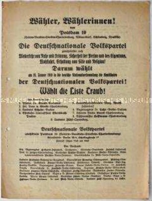 Aufruf der Deutschnationalen Volkspartei zur Unterstützung der Liste Traub bei der Wahl der Nationalversammlung 1919