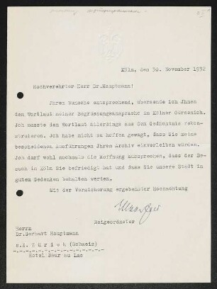 Brief von Unbekannt an Gerhart Hauptmann