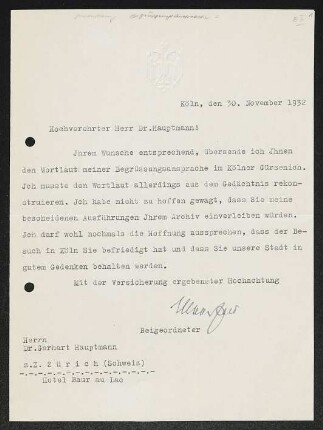 Brief von Unbekannt an Gerhart Hauptmann