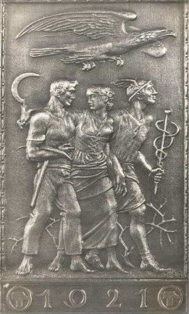 Jahresplakette (dargestellt: Merkur, Bergarbeiter und Landarbeiterin) : Idee: Handel, Industrie und Landwirtschaft)