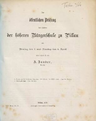 Zur öffentlichen Prüfung der Schüler der Höheren Bürgerschule zu Pillau ... ladet ergebenst ein. 1878/79