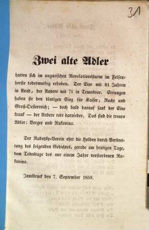 Zwei alte Adler hatten sich im ungarischen Revolutionssturm im Festenhorste todesmuthig erhoben. ... : Innsbruck den 7. September 1850