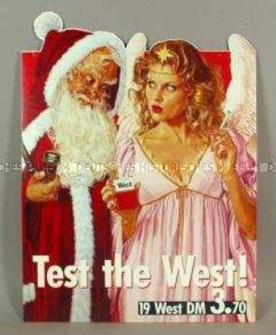 Werbeschild (beidseitig) mit Werbeaufdruck für "West"-Zigaretten (Motiv: Weihnachtsmann und Engel)