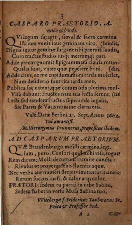 Caspari Praetorii Putlitzensis Epigrammatum libri duo : Accessit in fine liber adoptivus, qui continet amicorum carmina, diversis temporibus in gratiam Caspari Praetorii decantata