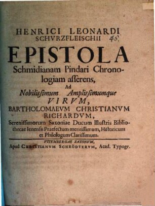 Epistola, Schmidianam Pindari chronologiam asserens, ad B. Chr. Richardum