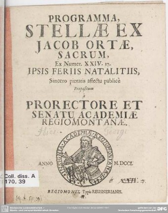 Programma, Stellae Ex Jacob Ortae, Sacrum : Ex Numer. XXIV. 17. Ipsis Feriis Natalitiis Sincero pietatis affectu publicè