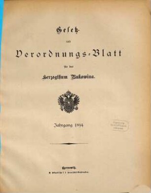 Gesetz- und Verordnungsblatt für das Herzogtum Bukowina. 1894, 1894