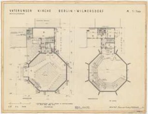 Vaterunser-Kirche Detmolderstraße/Blissestraße, Berlin-Wilmersdorf: Bestuhlungsplan, 2 Grundrisse EG, OG, 1:200