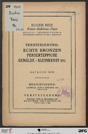 Versteigerung: echte Bronzen, Perserteppiche, Gemälde, Kleinkunst etc. : Versteigerung 12. bis 14. Oktober 1925 (Katalog Nr. 96)