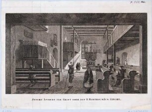 Innenansicht der Bartholomäus-Kirche (Kirche zum Heiligen Geist) am Freiberger Platz mit Blick zum Altar, Blatt aus: Abbildungen von Dresdens alten u. neuen Pracht-Gebäuden, Volks- und Hof-Festen