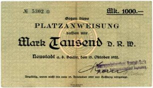 Geldschein / Notgeld, 1.000 Mark, 15.10.1922