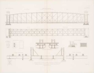 Elbbrücke, Meißen: Grundriss, Ansichten, Schnitt Brückenüberbau, Details (aus: Atlas zur Zeitschrift für Bauwesen, hrsg. v. G. Erbkam, Jg. 18, 1868)