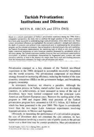 Turkish Privatization: Institutions and Dilemmas