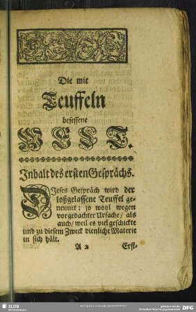 [Das erste Gespräch. Von der mit Teuffeln besessenen Welt, der loßgelassene Teuffel genannt]