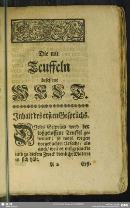 [Das erste Gespräch. Von der mit Teuffeln besessenen Welt, der loßgelassene Teuffel genannt]