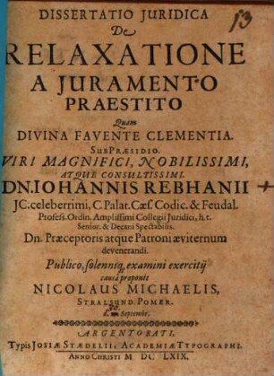 Diss. iur. de relaxatione a iuramento praestito