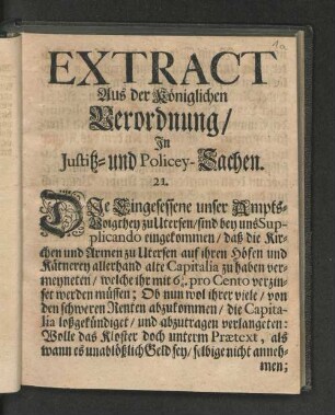Extract Aus der Königlichen Verordnung/ In Justitz - und Policey - Sachen.