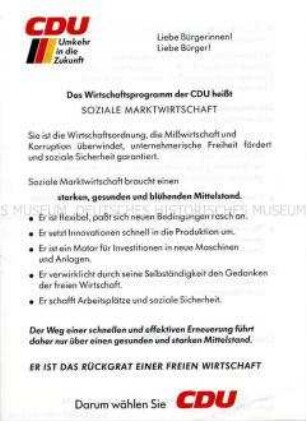 Flugblatt des CDU-Parteivorstandes Berlin zur Wirtschaftspolitik