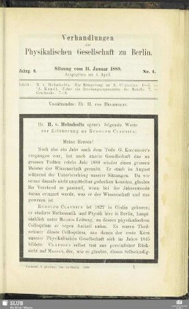 Nr. 1. Sitzung vom 11. Januar 1889