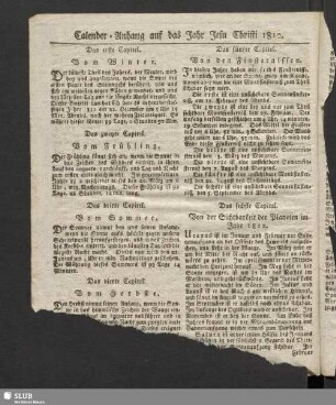 Calender-Anhang auf das Jahr Jesu Christi 1812
