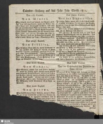 Calender-Anhang auf das Jahr Jesu Christi 1812