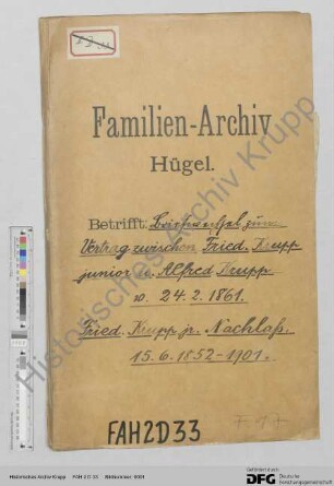Schriftwechsel zum Vertrag zwischen Friedrich Krupp jun. und Alfred Krupp vom 24. Februar 1861 und Nachlass von Friedrich Krupp jun. [siehe auch auszugsweise Abschrift in WA 9 d 236 und Regest in WA 9 d 237]