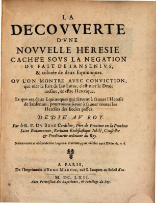 La découverte d'une nouvelle Heresie, cachée sous la negation du Fait de Jansenius