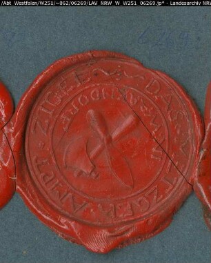 Siegler: Warendorf, Metzger-Zunft Überlieferungsart: Abdruck. Stoff: Lack Farbe: rot Form: rund. Durchmesser: 45 mm