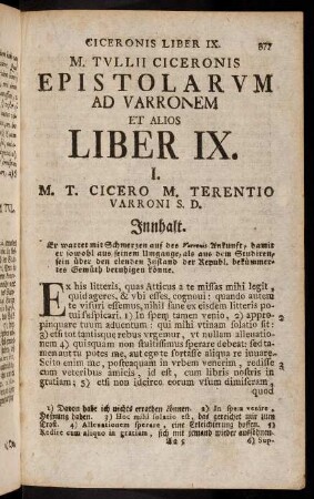 377-422, M. Tullii Ciceronis Epistolarum ad Varronem et alios. Liber IX.