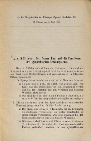 Der feinere Bau und die Funktionen des sympathischen Nervensystems : Aus den Sitzungsberichten des Würzburger Phys.-med. Gesellschaft 1894 X. Sitzung vom 9. Juni 1894